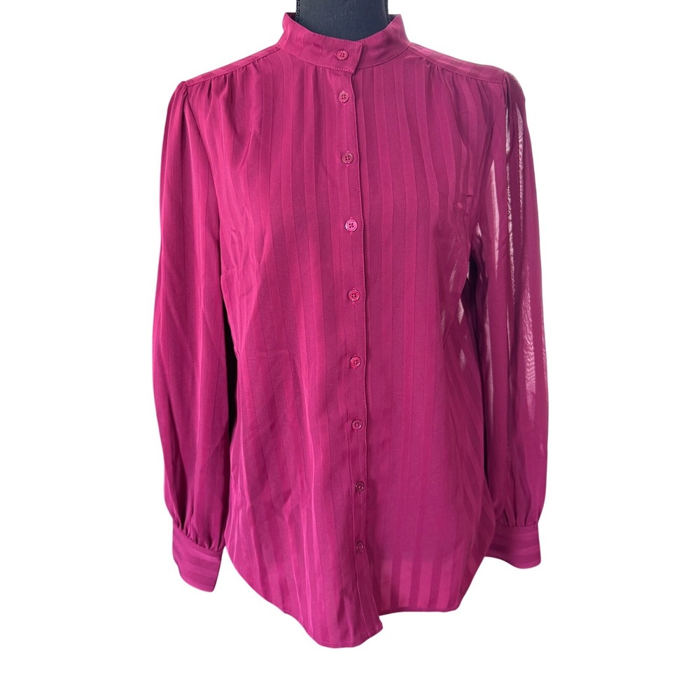 ModCloth Magenta Pink Shadow Stripe Mock Neck Button Front Blouse Top Womens L